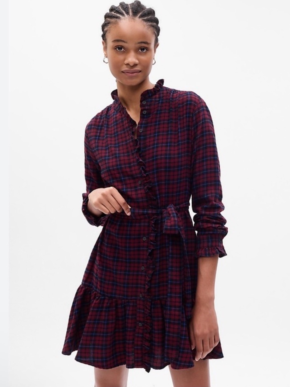 GAP Plaid Ruffle Dress XS NWT Purple Burgundy Navy Blue Cotton Mini